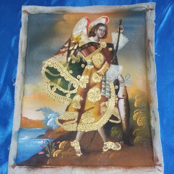 Peruvian painting on oil canvas angel Rafael Salud